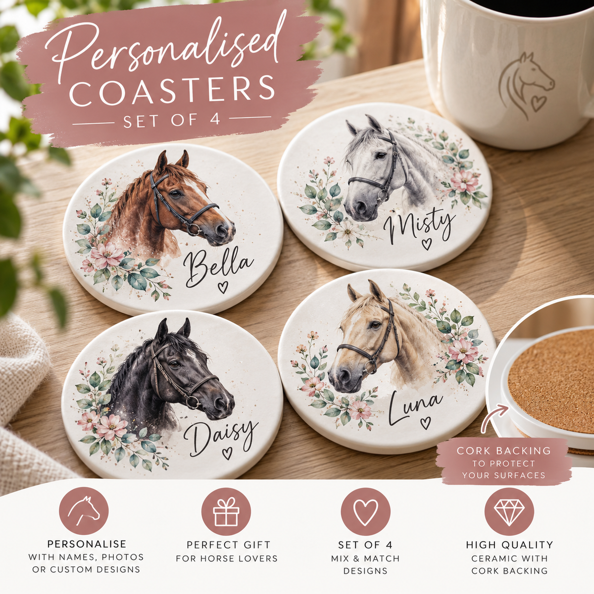 Illustrative personalised horse ceramic coasters, ceramic with cork backing
