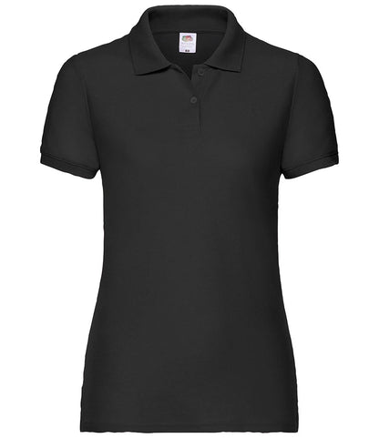 Black ladies’ polo shirt — supplier photo of plain garment before personalisation