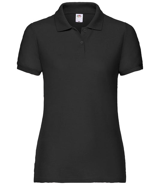 Black ladies’ polo shirt — supplier photo of plain garment before personalisation